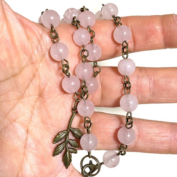 Natural Pink Rose Quartz Necklace, Bronze Leaf Branch + Genuine Gemstone Choker - Picture 14 of 14